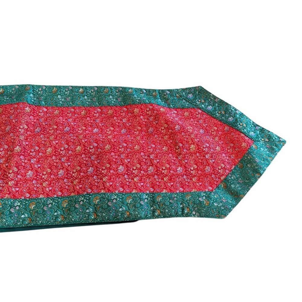 Red Green Floral Brocade Table Runner 80" x 14 w/ Solid Green Backing Christmas
